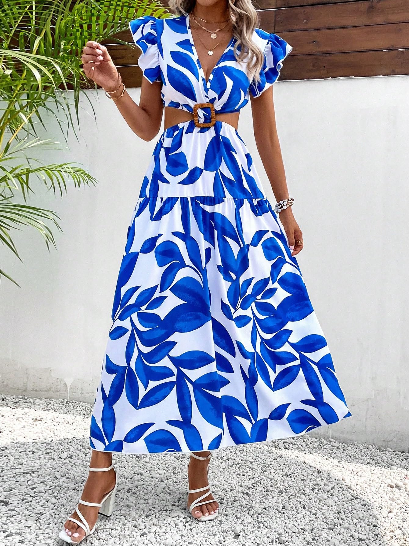 Women's Dresses Leaf Print Butterfly Sleeve Dress Without Belt